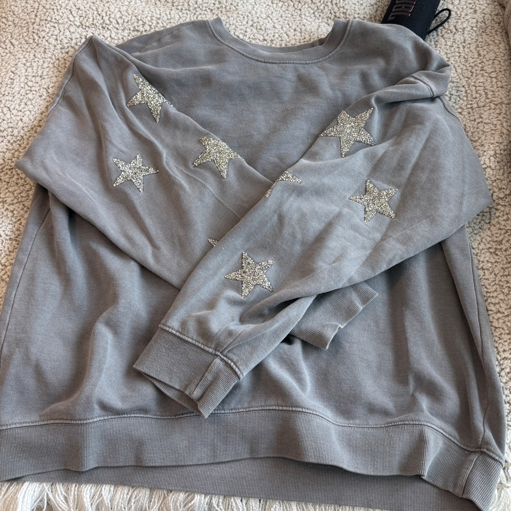 Gray Sweatshirt with Rhinestone Star Accents